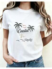 Women's Summer Short-Sleeved T-Shirt, European Style, Premium Quality, Beach Style, Modern And Versatile With A Relaxed Fit, Suitable For Urban Fashion Or Casual Outings. Model 01, Women's Printed Round Neck Top, Suitable For All Seasons, . - 白色 - 查看 1