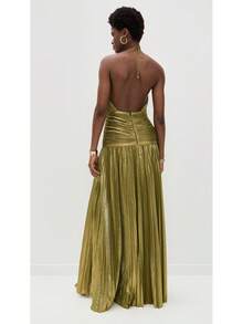 Metallic Pleated Halter Maxi Dress, Ruched Waist With Front Slit, Elegant Evening Gown For Prom & Weddings - Gold - View 5