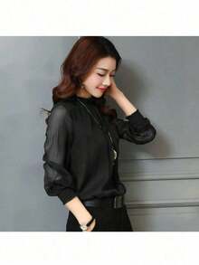 Blusa de manga larga transparente de unicolor para uso casual u oficina para mujeres - Negro - Ver 3