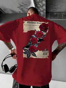 Men's Short Sleeve T-Shirt With Retro Floral Print And Newspaper Design - Red And Lavender Purple Rose Pattern, Lightweight Casual Summer T-Shirt, Gift For Dad, Husband, Boyfriend, Comfortable Loose-Fit Street Style Shirt WUWD 100% Cotton - 紅色 - 查看 1