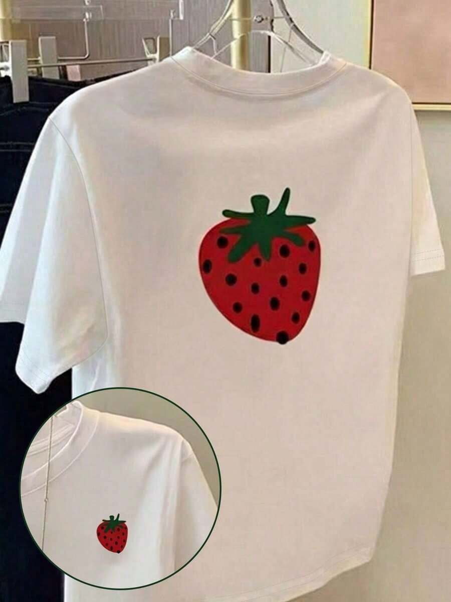 Camiseta estampada de mujer con cuello redondo y lazo con estampado de fresa - Multicolor 5 - Ver 1