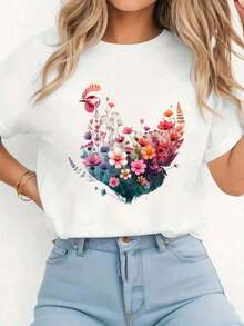Women's Farm Lover Floral Art Graphic Print T-Shirt, Colorful, Short Sleeve, Round Neck, Comfortable, For Spring And Summer, Women's Clothing. - 白色 - 查看 1