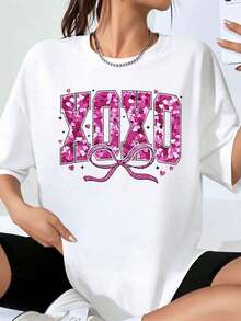 Women's Xoxo Pink Floral Print Oversized T-Shirt, Casual Fashion, Loose Fit, Valentine's Day Gift - 白色 - 查看 1