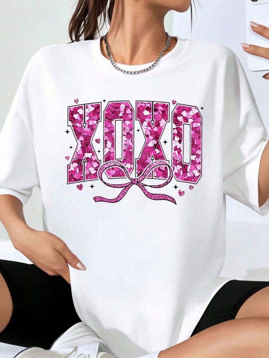 Women's Xoxo Pink Floral Print Oversized T-Shirt, Casual Fashion, Loose Fit, Valentine's Day Gift - 白色 - 查看 1