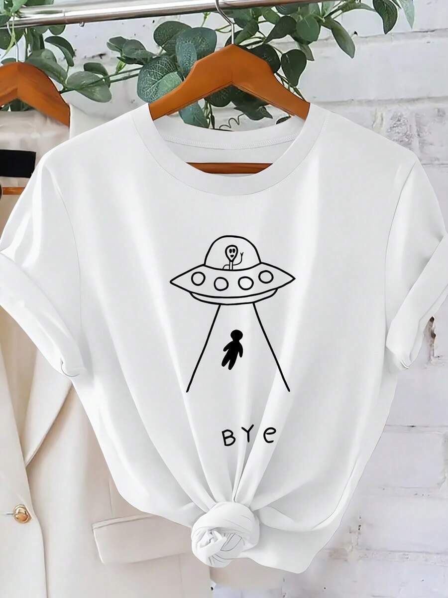 Women's T-Shirt With Funny Goodbye UFO Print Spring/Summer 2026 Sci-Fi Style Relaxed Short Sleeve Everyday Wear Easy To Dress Loose Top Alien Theme Funny Versatile Design Women's Clothing S-XXL - 白色 - 查看 1
