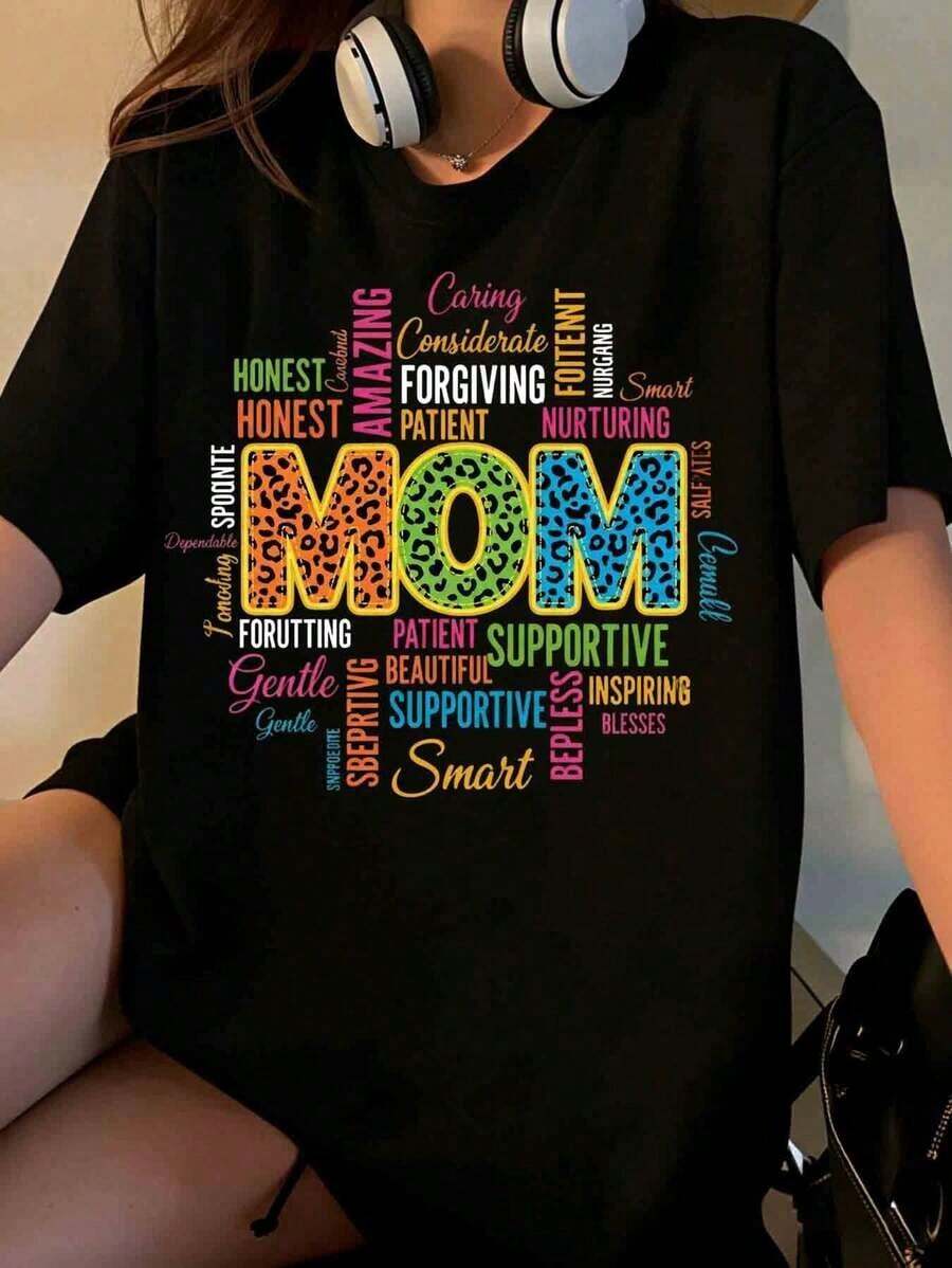 Camiseta para Mamá con Palabras Inspiradoras para Regalo del Día de la Madre, para Mamá y Mujeres, Camiseta "Amo a Mamá", Linda Camiseta para Mamá para Momentos Familiares y Uso Diario [Adecuada para Actividades Casuales y Deportivas] Playera Holgada para Mujer - Negro - Ver 1