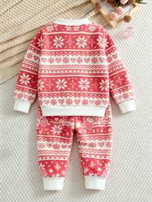 Young Girl Fluffy Casual Pants Set, Winter - Red - View 2