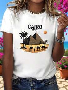 Women's T-Shirt With Cairo, Egypt Monument Print, Travel And Culture T-Shirt, Exclusive Bridal T-Shirt, Casual Short-Sleeved Crew Neck T-Shirt For Summer And Spring, Women's Clothing - 白色 - 查看 6