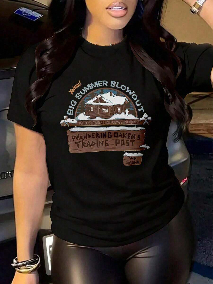 Officially Licensed, Women's Casual Black Cotton T-Shirt With Round Neck And Short Sleeves, Featuring A Trading Post Graphic Print, For Everyday Wear, Breathable And Lightweight, Suitable For Sports And Leisure, Ideal For Gifts, Suitable For Parties. - 黑色 - 查看 1