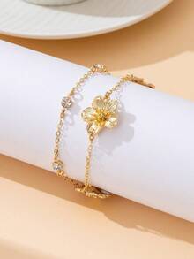 1pc Shiny Glowing Summer Beach Vacation Stylish Gold Textured Plumeria Flower Double Layer Anklet For Women - Yellow Gold - View 2