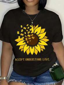 Sunflower Autism Awareness T-Shirt, Acceptance, Understanding And Love T-Shirt For Men And Women, Autism Support Gift, Summer Casual Wear, 220g - Urban Vintage Style, Unisex Short Sleeve Crew Neck T-Shirt Made Of 100% Pure Cotton - 黑色 - 查看 3