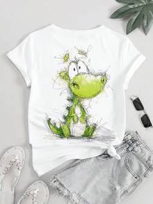 Short-Sleeve T-Shirt With Cute Hand-Drawn Dragon Print, Fun And  Round-Neck Loose Top, Women's Clothing, Plus-Size Women's Clothing, Women's Digital Print Short-Sleeve T-Shirt - 白色 - 查看 1