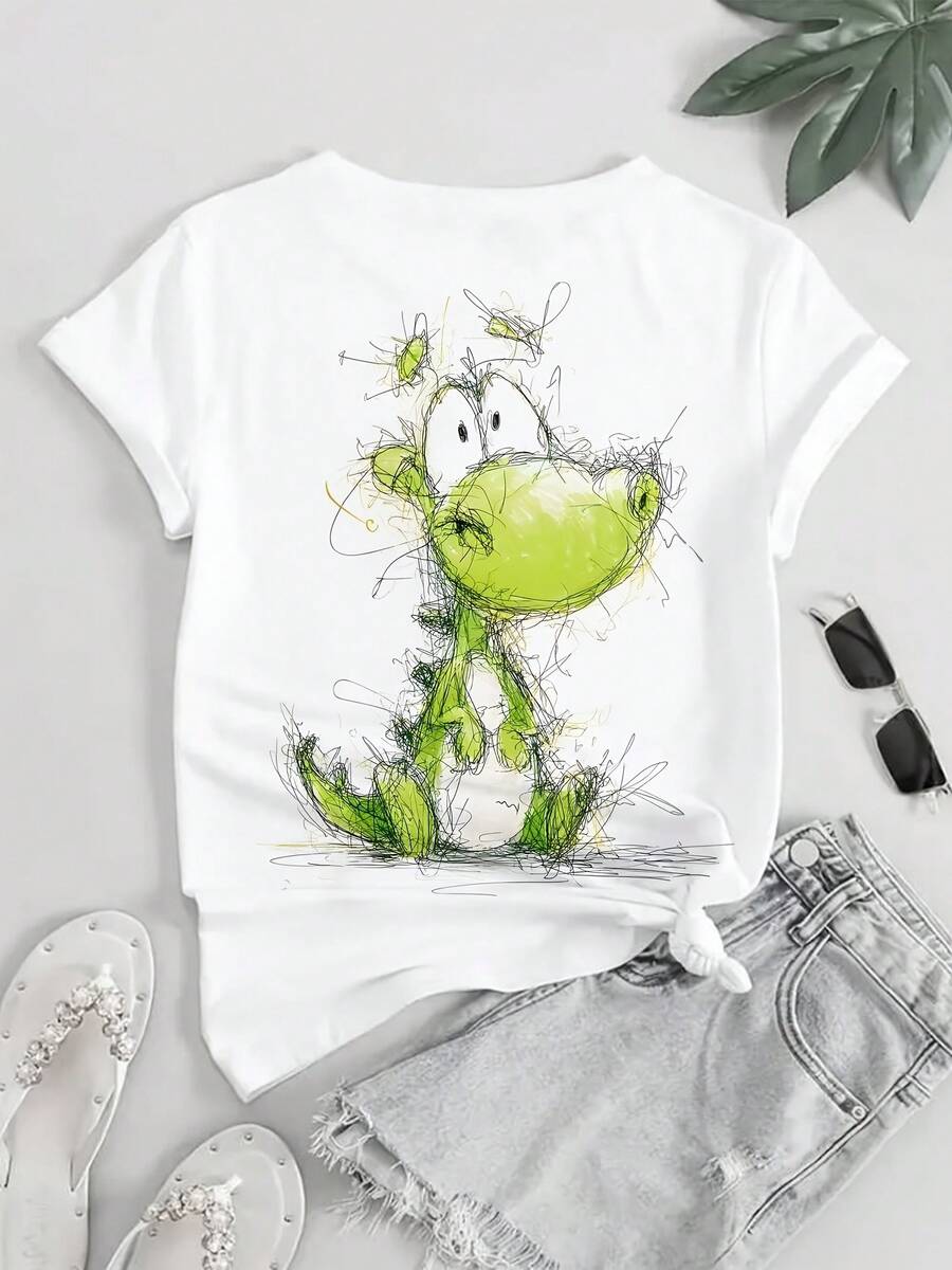 Short-Sleeve T-Shirt With Cute Hand-Drawn Dragon Print, Fun And Round-Neck Loose Top, Women's Clothing, Plus-Size Women's Clothing, Women's Digital Print Short-Sleeve T-Shirt - 白色 - 查看 1