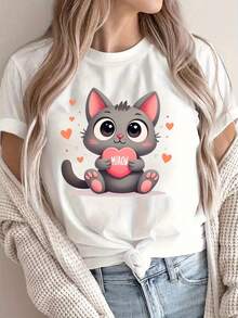 Women's Plus Size Loose Fit T-Shirt - Fun Cat And Heart Design, Soft And Breathable Fabric, Round Neck Short Sleeve For Spring/Summer, Machine Washable, Everyday Casual Wear, Graphic Print, Lightweight And Fashionable - 白色 - 查看 1