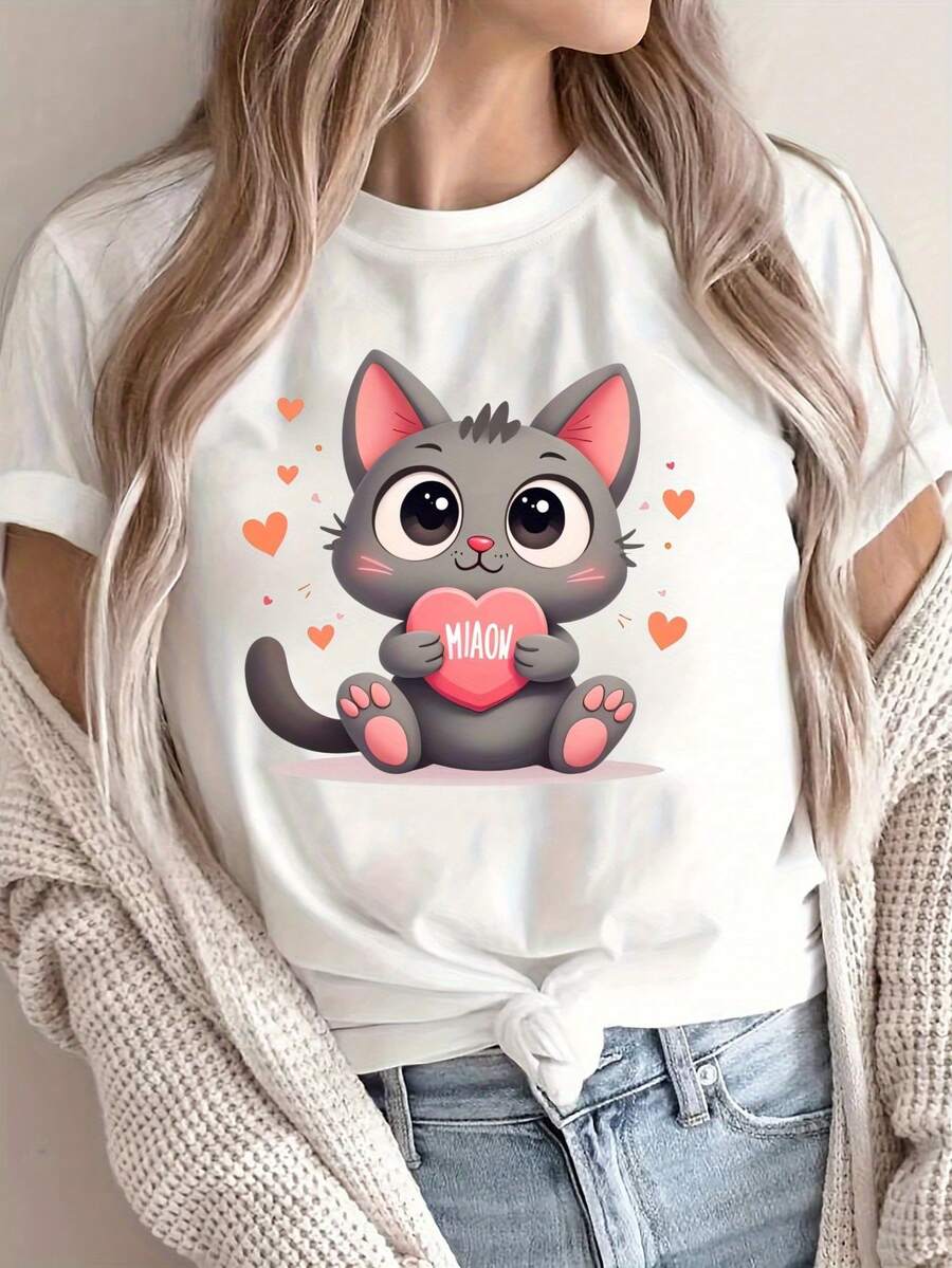 Women's Plus Size Loose Fit T-Shirt - Fun Cat And Heart Design, Soft And Breathable Fabric, Round Neck Short Sleeve For Spring/Summer, Machine Washable, Everyday Casual Wear, Graphic Print, Lightweight And Fashionable - 白色 - 查看 1