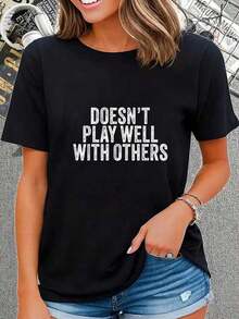 100% Cotton Casual Tshirt Doesn't Play Well With Others Funny Vintage Retro T-Shirt,Unisex T-Shirt - 黑色 - 查看 1