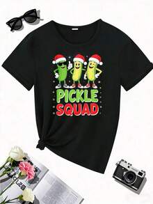 Pickle Squad Christmas T-Shirt, Fun Christmas Gift For Men And Women, Unisex T-Shirt With Cute Pickle Characters Wearing Santa Hats And Sunglasses, Short Sleeves With Funny Prints, Suitable For Christmas Gifts Such As Parties, Outings And Sports, Cool Summer Clothes For Women. - 黑色 - 查看 4