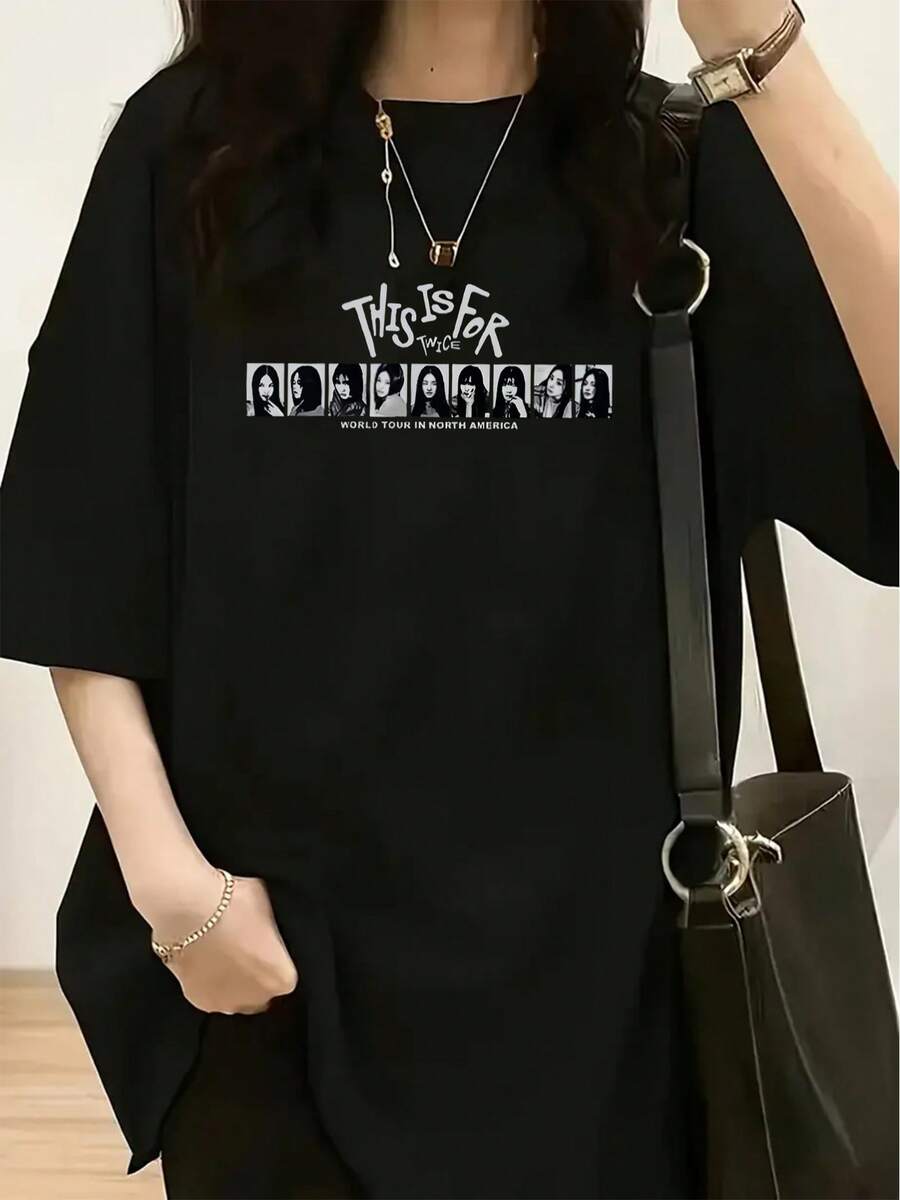 TWICE Casual T-Shirt "THIS IS FOR" With North American World Tour Theme Print - Women's Fashion T-Shirt, Crew Neck, Short Sleeve, Soft, Loose Fit, Fashion Essential, 100% Cotton, Durable - 黑色 - 查看 1