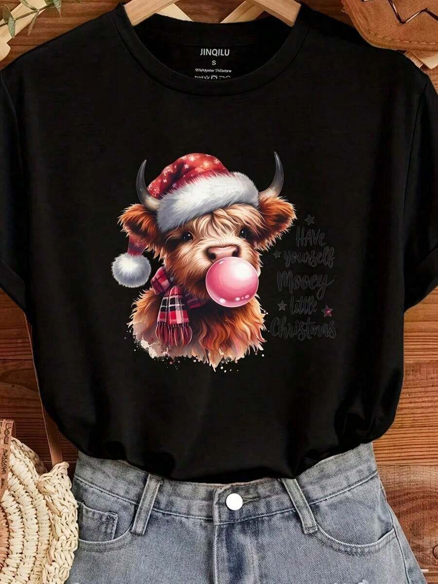 Women's T-Shirts With Christmas Cupcake Graffiti Print 2026, Casual Round Neck Short Sleeve T-Shirts, Korean Summer Fashion, Cotton Tops For Ladies, Cool Summer Clothes For Women - 黑色 5 - 查看 1