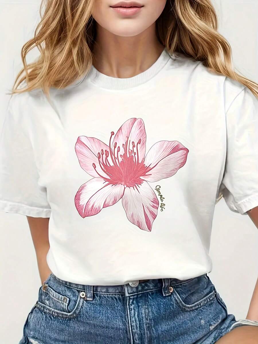 Women's Modern, Casual T-Shirt, Perfect For Parties And Lounging At Home, 100% Cotton, Loose Fit. Flower T-Shirt, Spring Flower T-Shirt, Watercolor Painting T-Shirt, Blooming T-Shirt - 白色 - 查看 1