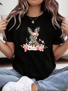 Women's Modern, Casual Camisole For Parties And Lounging At Home, 100% Cotton, Loose Fit. Plus Size. - Sweet And  Easter Set With A Leopard Print Bunny Design, Women's Casual Crew Neck T-Shirt For Spring And Summer, Perfect For Lively Outings And Outdoor Activities. - 黑色 - 查看 7
