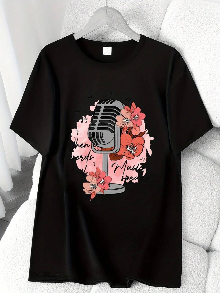 Large Microphone And Music Print, Unique Style, A Must-Have For Trendsetters, Short Sleeve, Studio Wear, Team Wear With Prints, New 2026 Crew Neck T-Shirt, Fashionable, Youthful, Modern, Casual Short Sleeve T-Shirt, Sporty, Summer, High Elasticity, Women's Base Layer T-Shirt, Colorful Patterned Printed T-Shirt. Elegant Party Outfit, T-Shirt For Elegant Ladies, Blouses Suitable For Curvy Women, Casual Wear, Cool And Sweat-Free Summer Wear, Fun Letter Print. - 黑色 - 查看 1