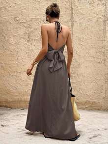 Vestido largo y sin espalda con escote en V para playa para mujer - Marrón Mocha - Ver 4