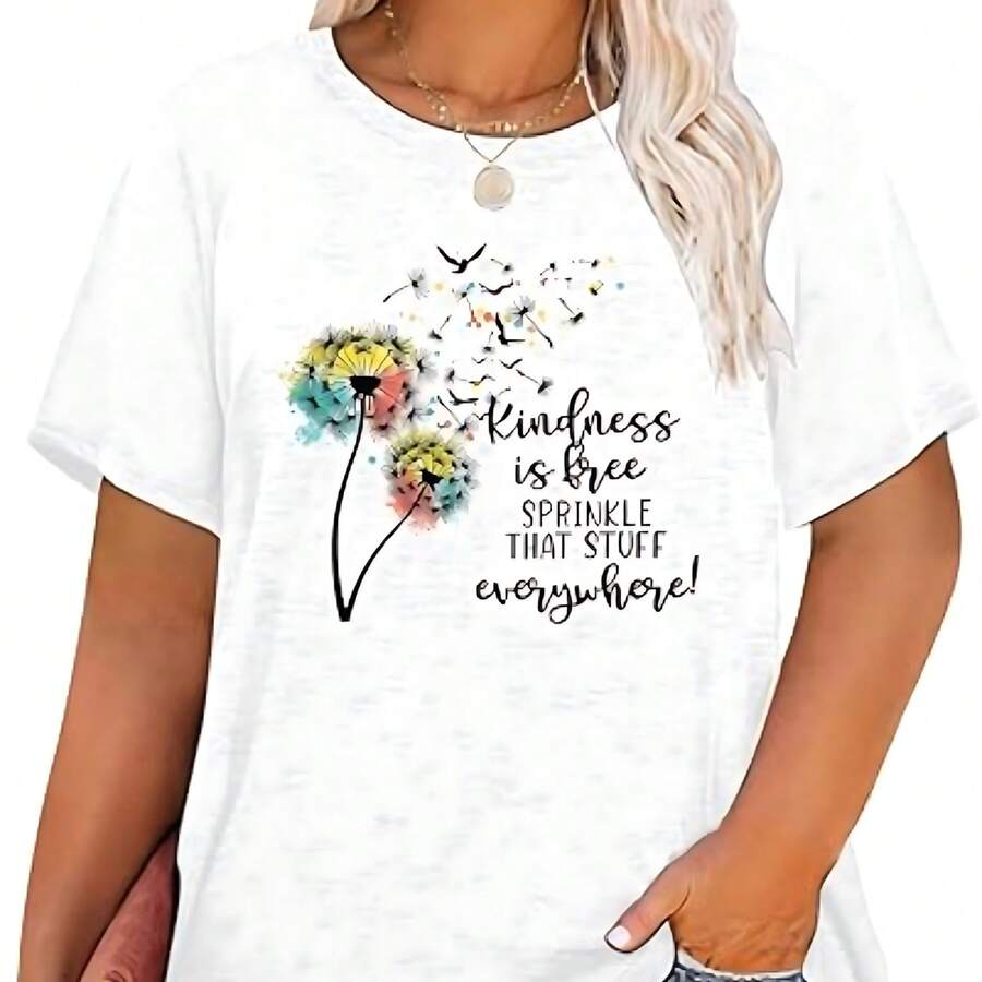 Plus Size Women's Dandelion Print T-Shirt, Cute Floral Graphic Short Sleeve Tee, White - 白色 - 查看 1