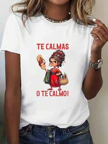 1 pieza, camiseta estampada con diseño "calm down", camiseta casual de temporada para mujer, camiseta de manga corta con cuello redondo, para deportes al aire libre, regalo para vacaciones. - Blanco - Ver 1