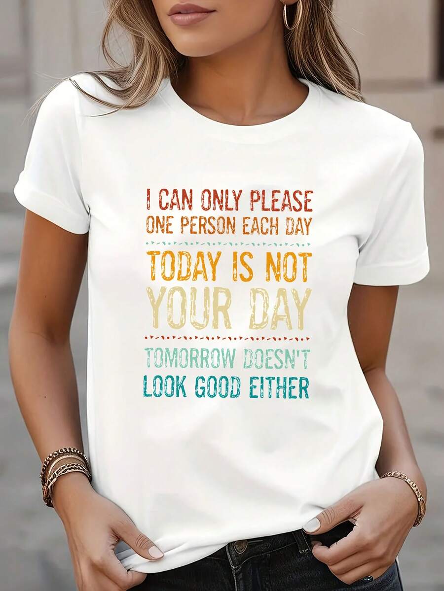 Women's Casual Short Sleeve T-Shirt With "Today Is Not Your Day" Graphic Print - Black Geometric Pattern Crew Neck Top, Machine Washable, Regular Fit For Spring And Summer, Ladies' T-Shirts, Fun Graphic Tee, Playful Design, Non-See-Through Material, Everyday Top, Breathable Fabric, Printed Top, Fun Clothing - 白色 - 查看 1