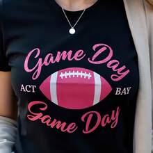Women's 180g Black Cotton T-Shirt With Round Neck And Short Sleeves, Casual T-Shirt With "Game Day" Print - Ideal For American Football, Modern And Sporty Style For Fans, Versatile Look For Game Day. - 黑 - 查看 5