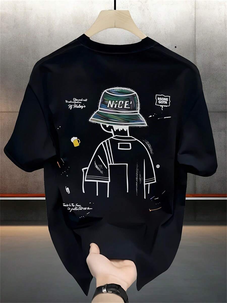 Men's Modern Heavyweight Pure Short Sleeve T-Shirt, Versatile Casual Korean Summer Print Tops For Men - 黑色 - 查看 1