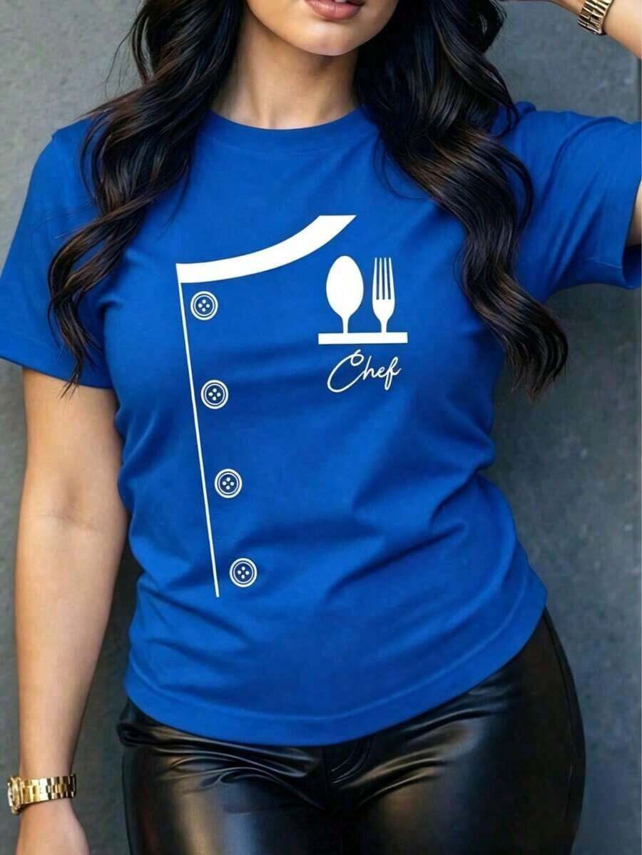 Women's Short-Sleeve T-Shirt With A Fun Chef Print. Original And Modern Design, Ideal For Cooking Enthusiasts. Soft And Comfortable Fabric, Perfect For A Casual And Stylish Look. Express Yourself With This Unique And Personality-Filled Garment! Women's Casual Blouses 100% Cotton - 藍色的 - 查看 1