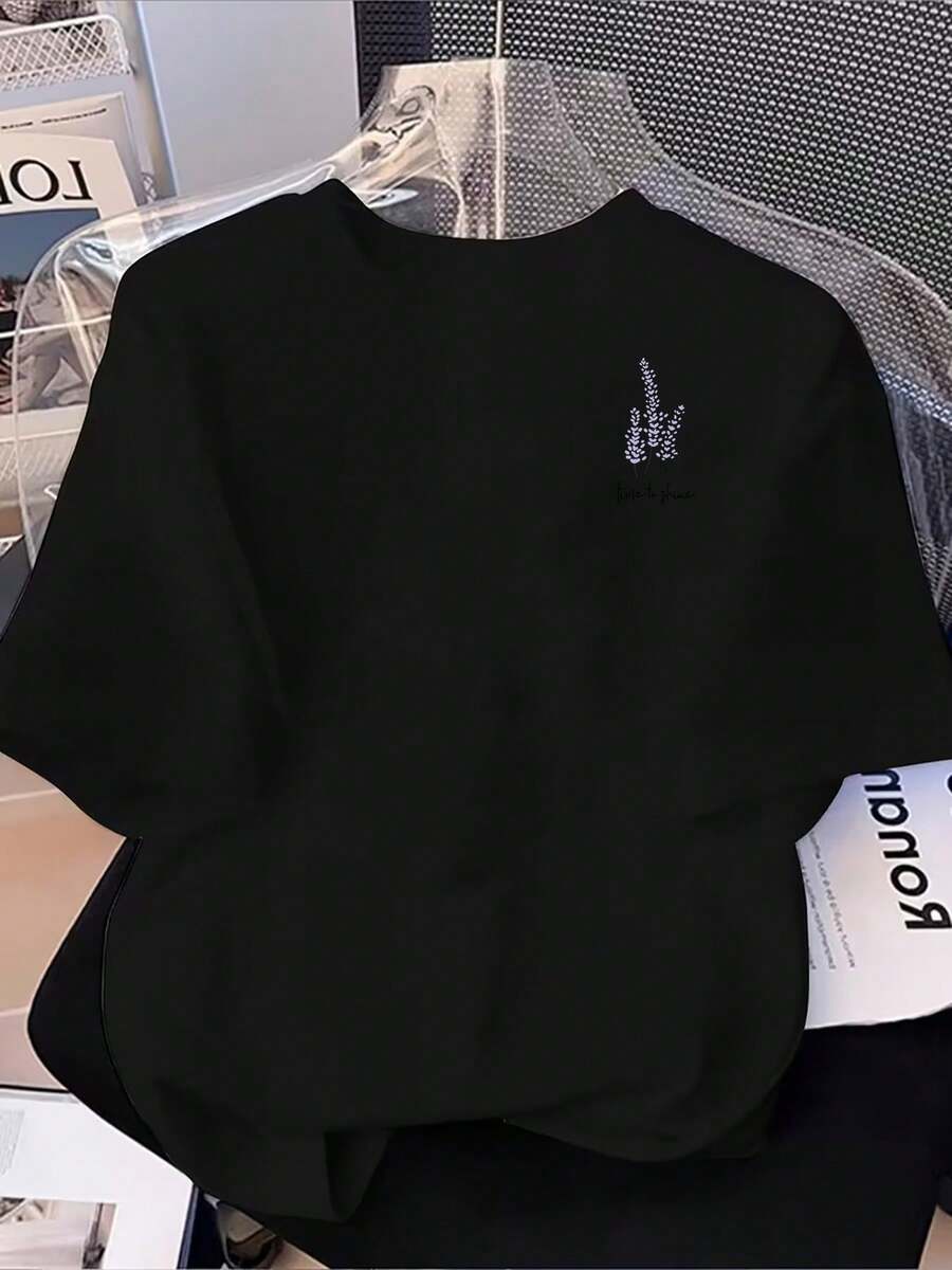 Camiseta Deportiva Casual para Mujer de Manga Corta con Bordado - Camiseta Negra Elástica de Cuello Redondo, Lavable aáquina, Ajuste Cómodo para Todas las Estaciones, Perfecta para Uso Diario y Actividades al Aire Libre. - Negro - Ver 1