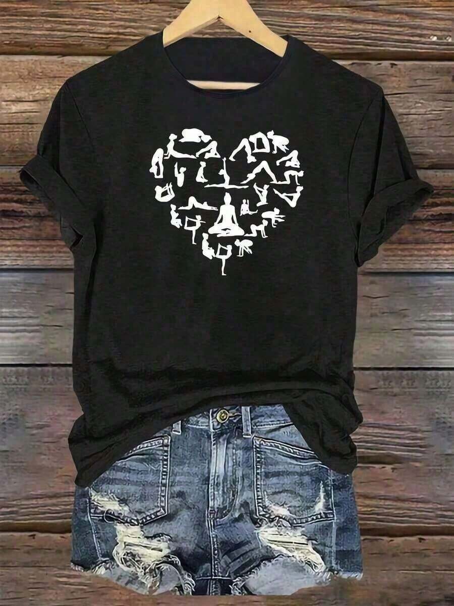 Simple And Versatile Printed T-Shirt For Yoga Enthusiasts, Featuring A Heart Print, Comfortable And Soft, Short Sleeves, Crew Neck, And A Relaxed, Comfortable Fit - Unisex, Loose Fit - Vintage Street Style - Pure Cotton T-Shirt - Women's Pure Cotton T-Shirt, Crew Neck, Short Sleeves, Loose Fit, Summer Top, Vacation-Inspired Outfit, All Designs Are Printed. Suitable For Both Men And Women - 黑色 - 查看 1