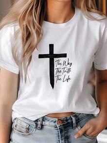 Unisex Short-Sleeved T-Shirt For Women. Printed T-Shirt With "True Way Of Life" Verse - Soft, Breathable, Short Sleeves, Round Neck, Casual Top, White & Cursive Lettering, Washable. Clothing Set Based On Faith. Casual Wear. Outfit For Players. Men, , Women, Romwe, Men, Boho Chic, Teachers Gifts, T-Shirt For Curvy Women's Sets, Y2k - 白色 - 查看 6