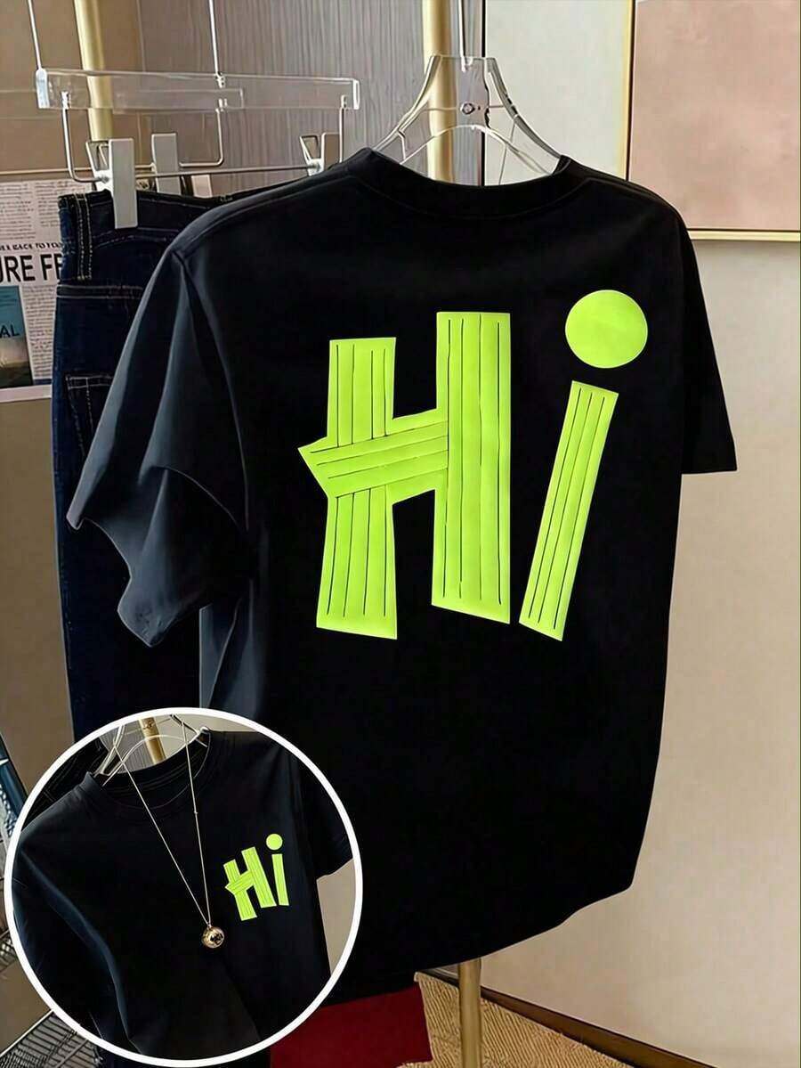 NewSummerCasual Women's Milk Silk Letter Print Short Sleeve T-Shirt, Summer-Vintage Street Style Unisex Loose Cotton Short Sleeve Crew Neck T-Shirt - 黑色 - 查看 1