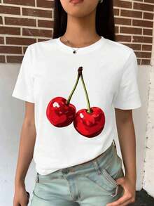Women's Camisole With Cherry Graphic Print, Spring Style, 100% Cotton, Round Neck, Relaxed Fit, Comfortable, Casual. Suitable As A Gift. Women's T-Shirt. Blouses > Elegant. Boho Chic. Soft, Breathable, And Comfortable Women's Top, Ideal For Spring, Summer, And Autumn, Perfect For Vacations, Travel, And Everyday Wear. - 白色的 - 查看 2