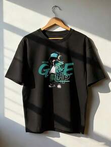 Anime-Style Character T-Shirt With "NEVER GIVE UP" Text.  Short-Sleeved T-Shirt For Spring And Summer 2026, Made In Mexico, 180 Grams. Cartoon Print, Couple Design, Suitable For Indoor Or Outdoor Wear. Crew Neck, Unisex, Ideal For The Office And Leisure. One-Pack. - BK-P631577SLNDXZGY597 - 查看 1