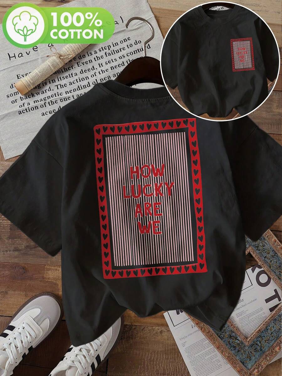 | Exquisite Design | Loose And Comfortable | Easy To Match | [Double-Sided Print] Fashionable Women's Top, Summer Clothes For Women, Simple Style, Heart Print, Stripes, Lucky Print, Round Neck, Short Sleeve, Pure Cotton T-Shirt. - 黑色 - 查看 1