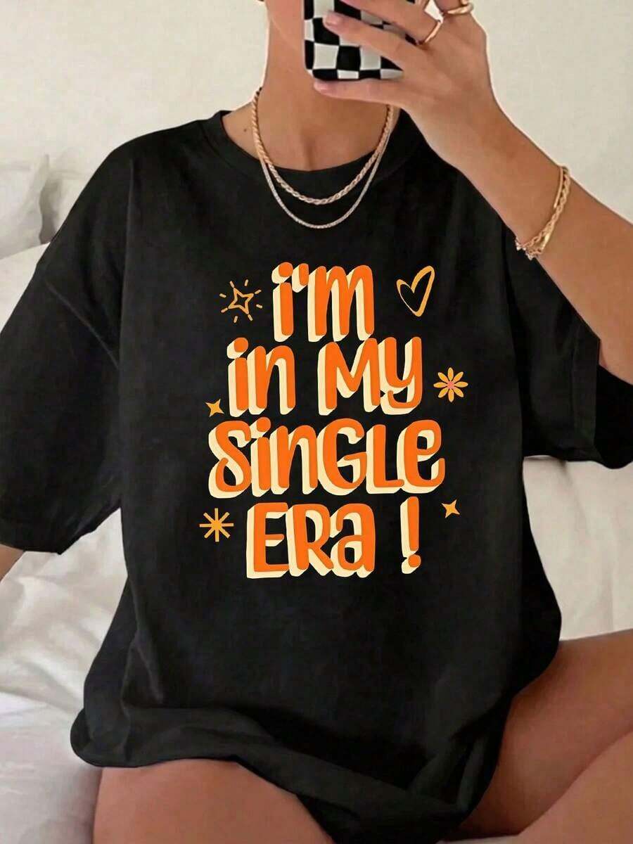 1 Piece Of Women's Summer Top, Y2K Style, Cute And Fun. Short-Sleeved Women's T-Shirt With Cartoon Letter Print, Fun And Energetic Design, American Style, With Orange Wave Font. Suitable For Various Occasions, Such As A Gift For Festivals, Birthdays, Music Festivals, Casual Wear, Versatile And Comfortable, For Beach Vacations, Simple And Fashionable, Suitable For Everyday Wear For Women And Girls. Soft. - 黑色 - 查看 1