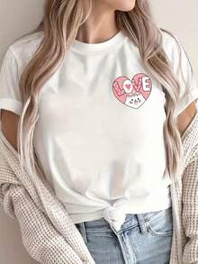 Women's Short-Sleeved T-Shirt With LOVE Print On The Front, Ideal For Spring, Summer And Autumn, Made Of Pure Cotton With A Soft Texture, Casual And Sporty Style. - 白色 - 查看 1