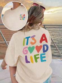 Women's Short-Sleeved T-Shirt With A Round Neck And Colorful Slogan Print, A New Summer Style Suitable For Everyday Wear. Vacation Graphic T-Shirt For Women, White Top For Women - 杏色 - 查看 6