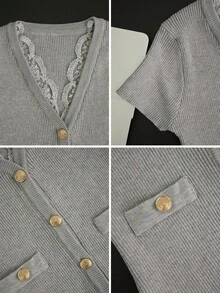 Spring/Summer Sexy Lace Patchwork V-Neck Metal Button Short Sleeve Cardigan, Elegant Knit Top - Gray - View 7