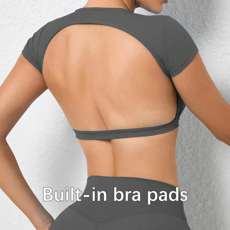 Hearuisavy Breathable Summer Sports T-Shirts, Workout Tops, Activewear, Backless Yoga Clothes, Women's Sports Crop Tops, Gym Top - 灰色胸墊 - 查看 1