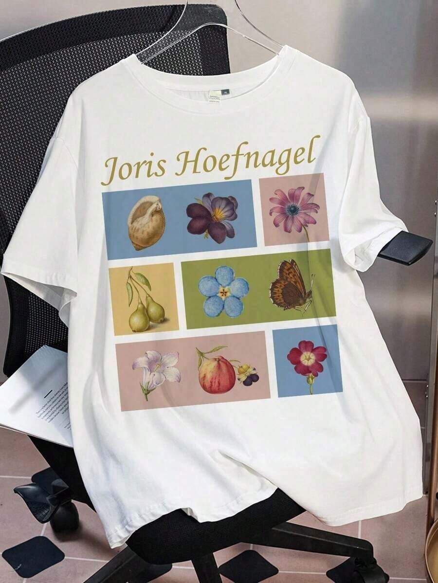 Touch Of Art Joris Hoefnagel Plus Size Floral And Letter Print T-Shirt, Crew Neck, Drop Shoulder, Short Sleeve, Women's Graphic Tees, Floral Print T-Shirt, Vintage T-Shirts, Women's Graphic Tees, Plus Size Streetwear For Women, Cute Summer Tops, Plus Size Summer T-Shirt - 白色 - 查看 1