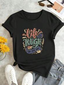 Women's Casual Graphic Print T-Shirt, Made Of Soft Cotton, Round Neck, Relaxed Fit, Comfortable And Casual. - 黑色 - 查看 2