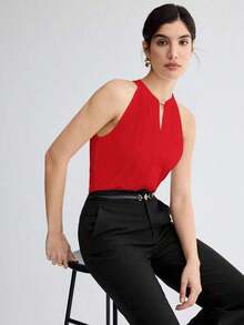 Nueva camiseta de tirantes elegante de cuello de ojo de cerradura de unicolor, versátil para el transporte urbano moderno, uso diario, retro romántico de los 90, adecuada para Navidad, Año Nuevo, San Valentín, fiesta, playa, graduación, moda, carn - Rojo - Ver 9