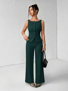 PETITE Conjunto de chaleco y pantalones de un solo pecho de unicolor con cuello redondo, elegante traje de oficina para mujer, ropa de mujer de verano y otoño, conjunto de oficina, ropa casual de negocios, conjunto de dos piezas, ropa de oficina de otoño para mujer, conjunto de blazers para mujer - Verde Oscuro - Ver 7