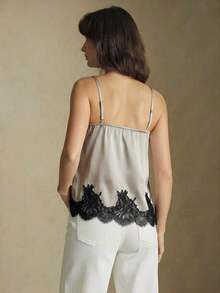 Camiseta sin mangas con ajuste de tirantes y encaje, versátil para usar en primavera/verano, adecuada para Pascua, Día de San Patricio, estilo vintage romántico de los 90, fiesta, playa, graduación, vacaciones, invitado de boda, casual, elegante - Gris - Ver 2